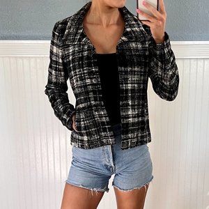 Ann Taylor Tweed Wool Blend Plaid Black White Peacoat Jacket 0